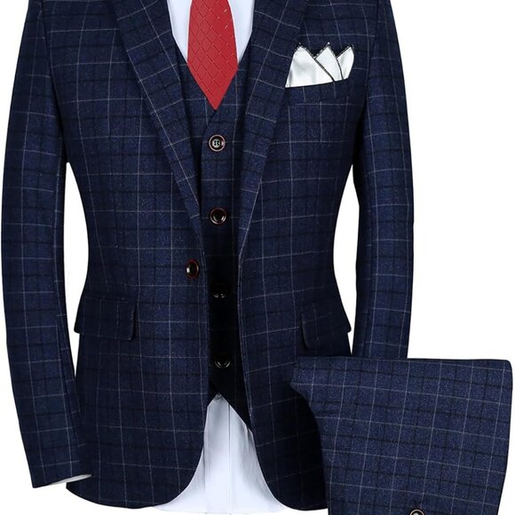 Mens 3-Piece Slim Fit Plaid Suit - Blazer Vest and Pants Set for Wedding Prom